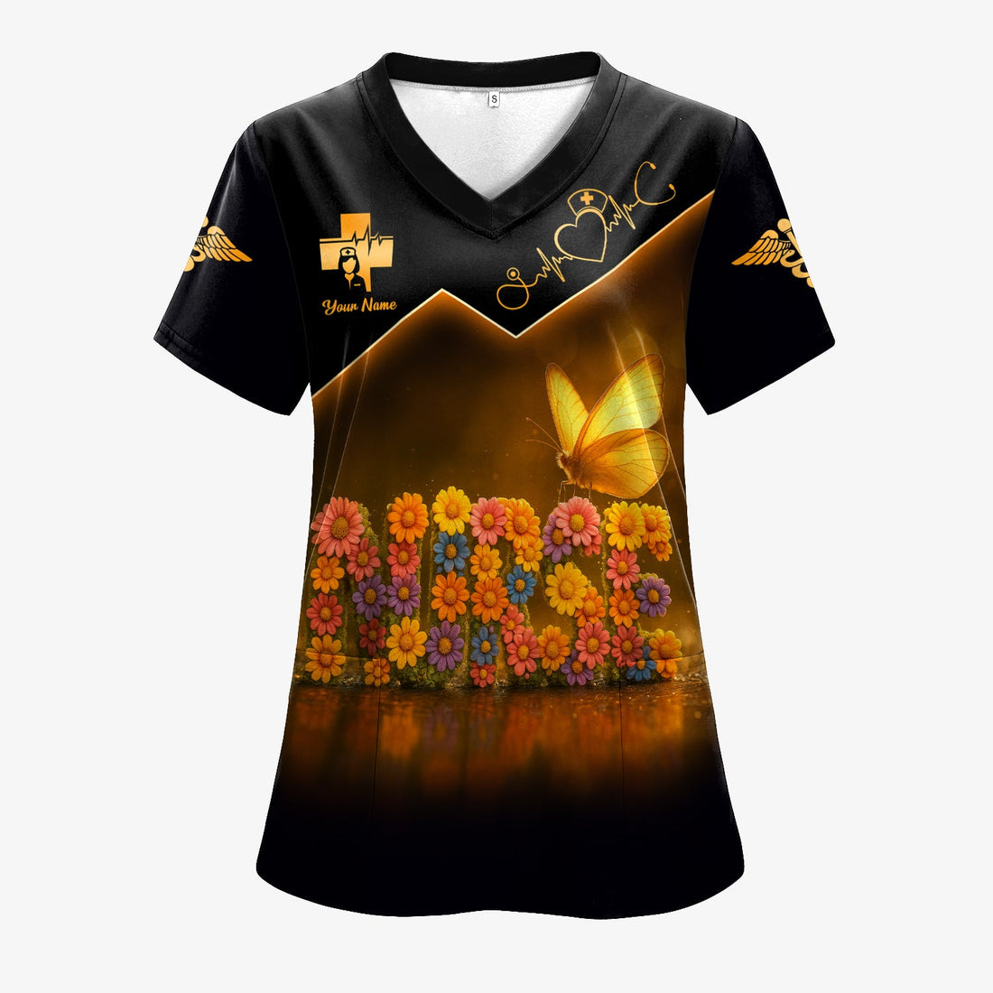 Personalized Floral Butterfly Golden Nurse Scrub Top