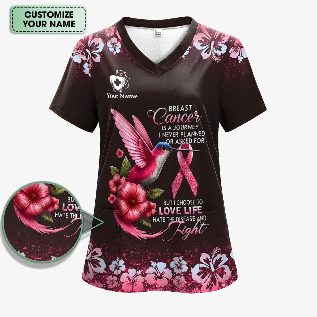 Personalized Breast Cancer Hummingbird Pink Ribbon Nurse Scrub Top
