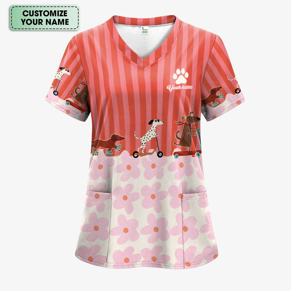 Personalized Dog Roller Skate Flower Nurse Scrub Top