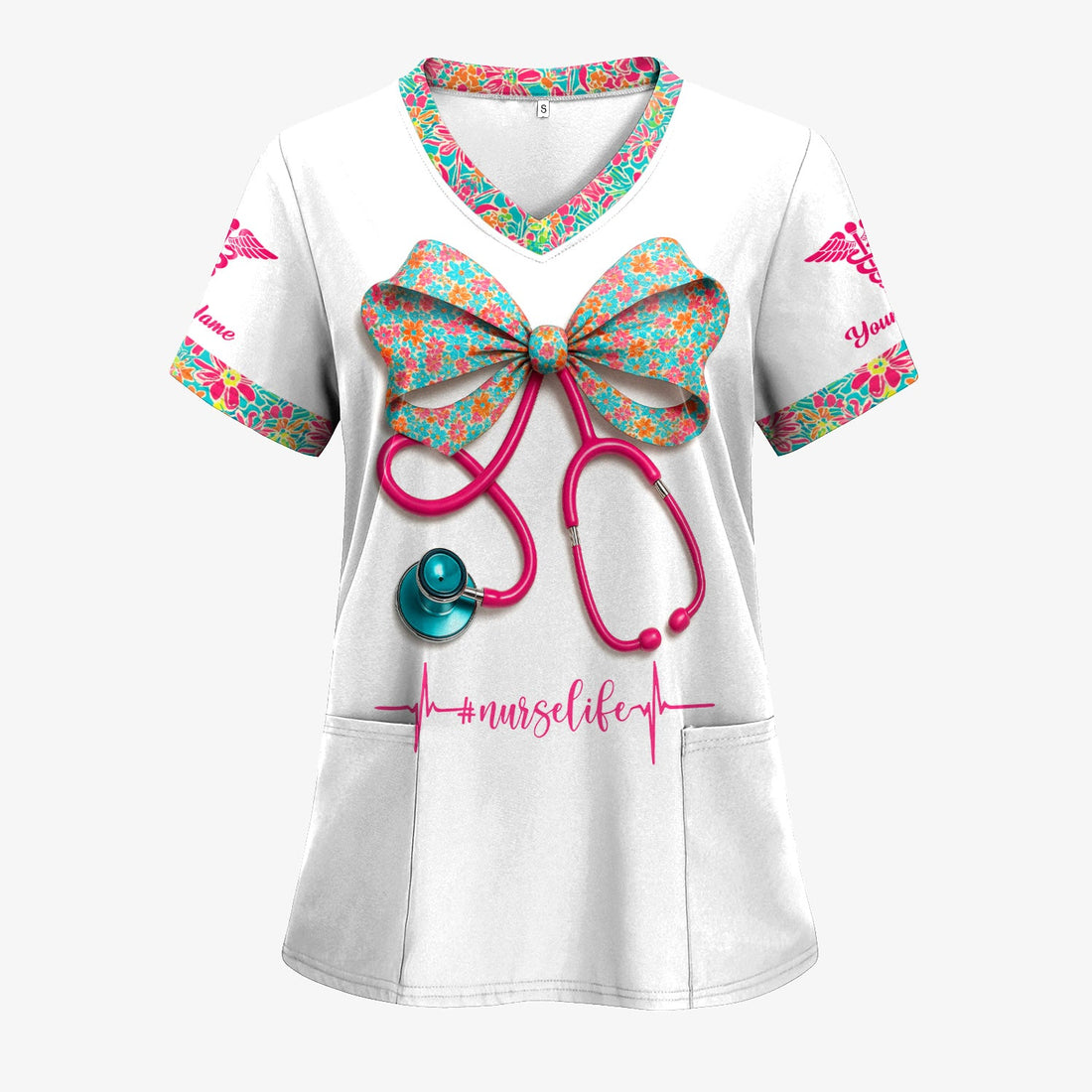 Personalized Colorful Bow Stethoscope Nurse Scrub Top