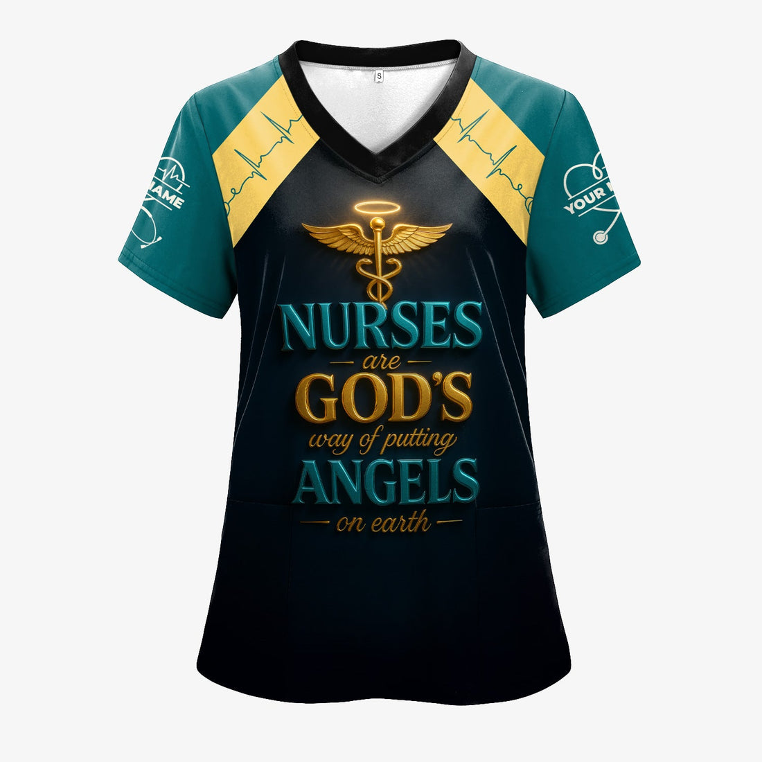 Personalized Golden Caduceus Heartbeat Nurse Scrub Top