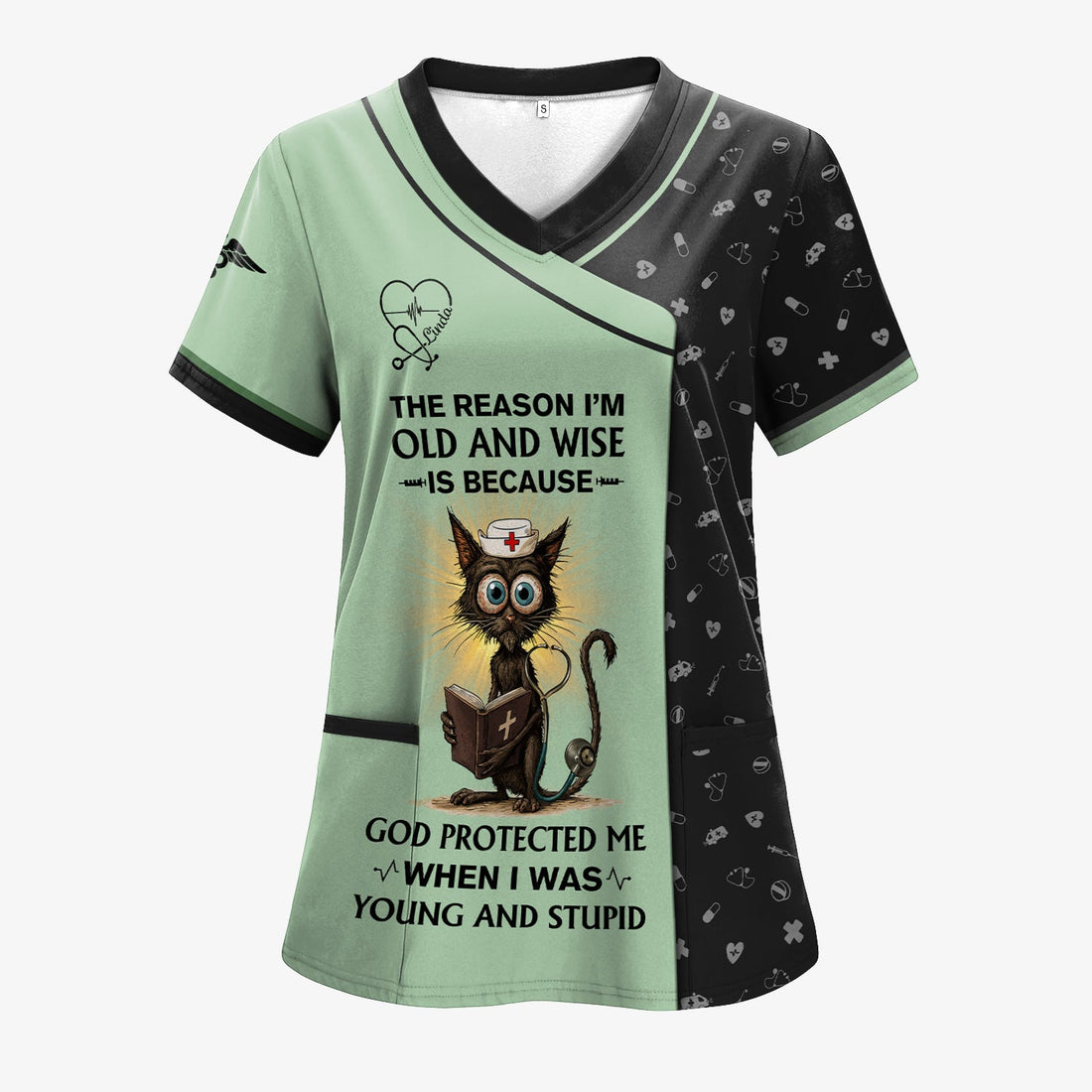 Personalized God Protected Me Cat Nurse Scrub Top