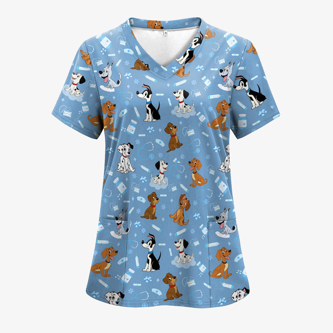 Cute Cartoon Dog Scrubs Top - Fun Puppy Pattern Medical Shirt for Veterinarians, Vet Techs, Animal Lovers - Pet Care Workwear Gift