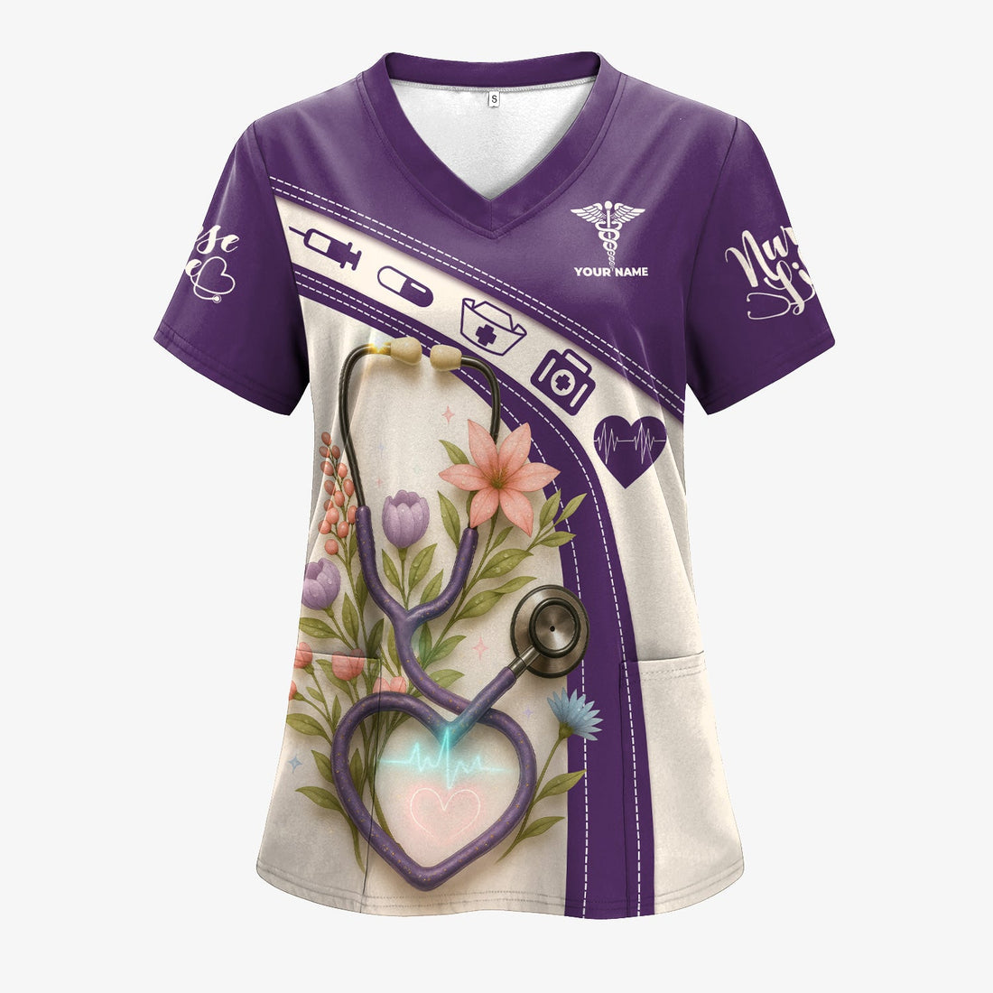 Personalized Floral Heartbeat Purple Nurse Scrub Top