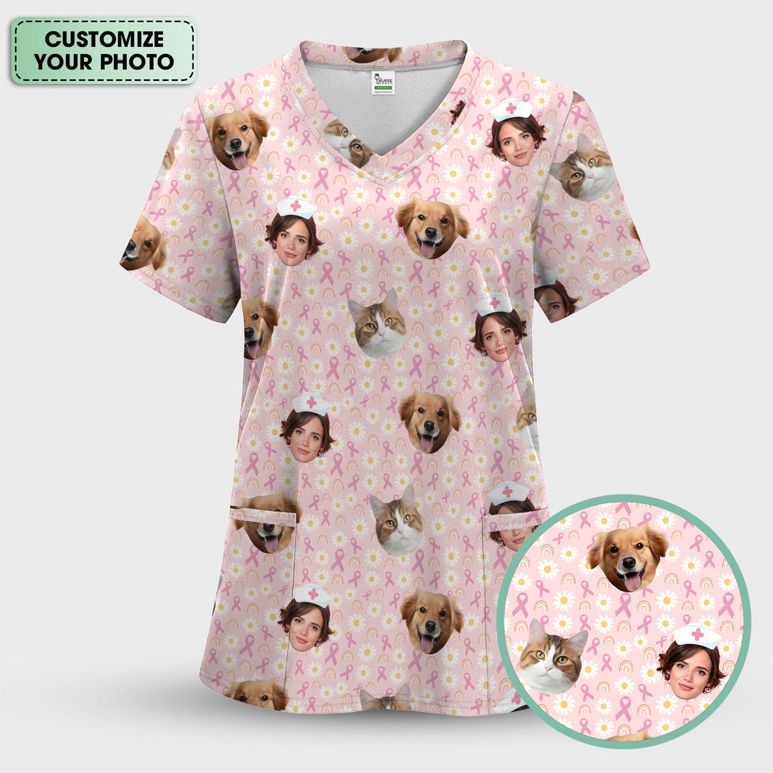Personalized Breast Cancer Awareness Face Nurse Scrub Top