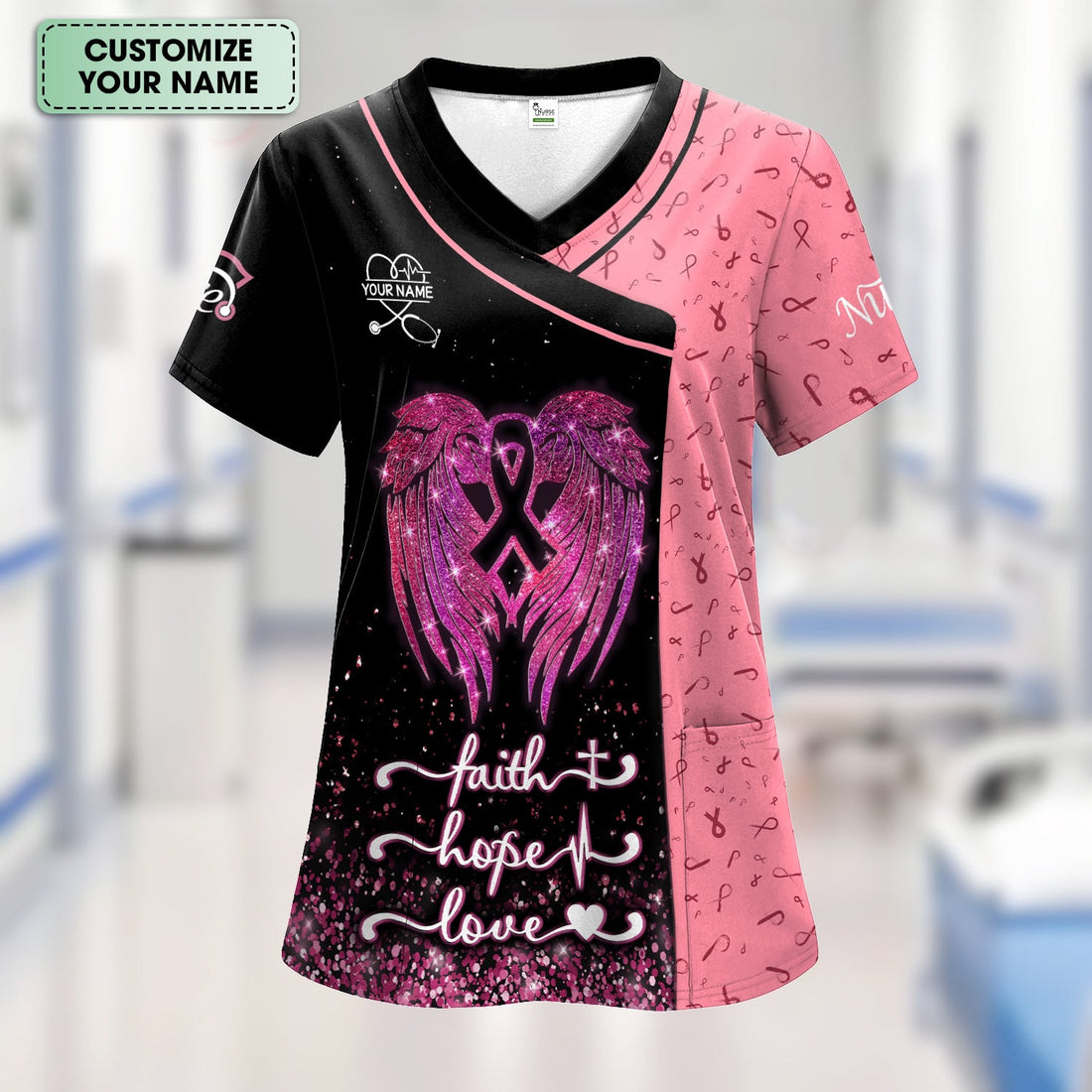 Personalized Breast Cancer Faith Hope Love Nurse Scrub Top
