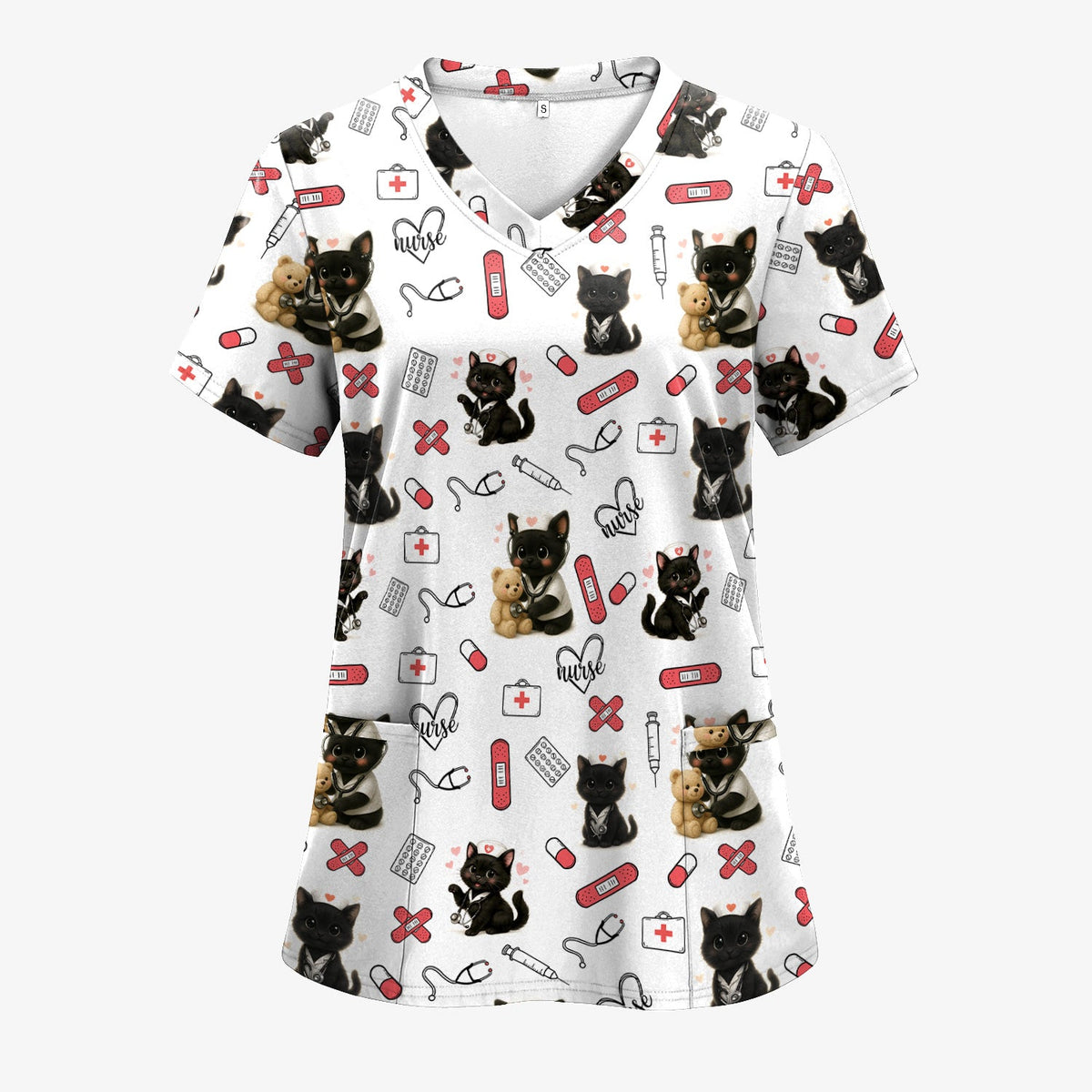 Cute Black Cat Nurse Scrub Top for RN CNA LPN - Funny Kitty Medical Pattern Uniform - Gift for Cat Loving Healthcare Women