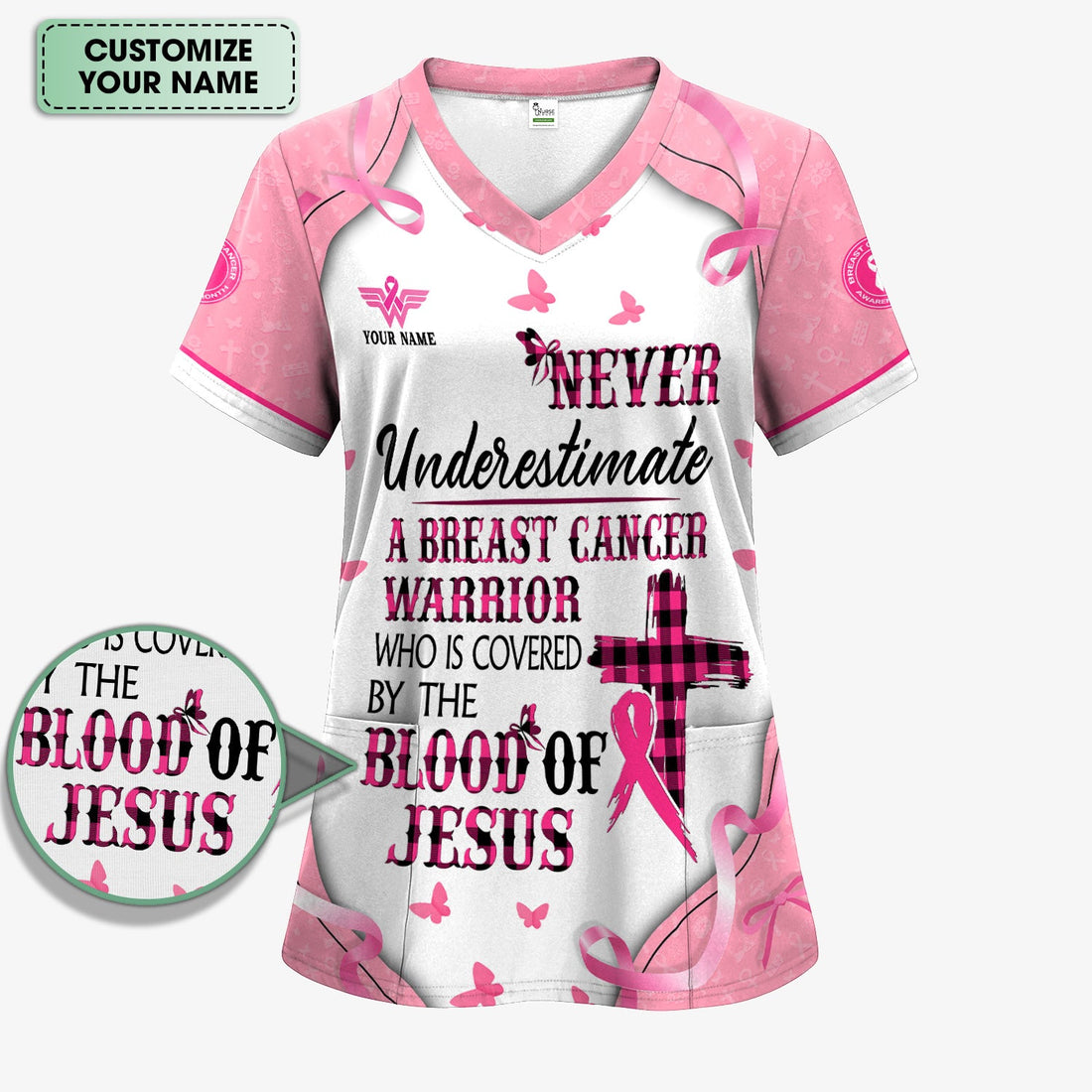 Personalized Breast Cancer Warrior Faith Nurse Scrub Top