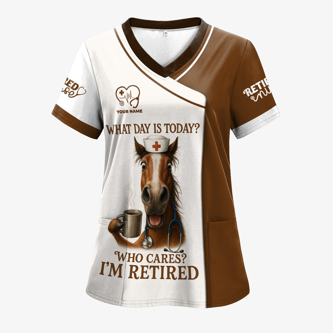 Personalized Retired Nurse Horse Coffee Scrub Top