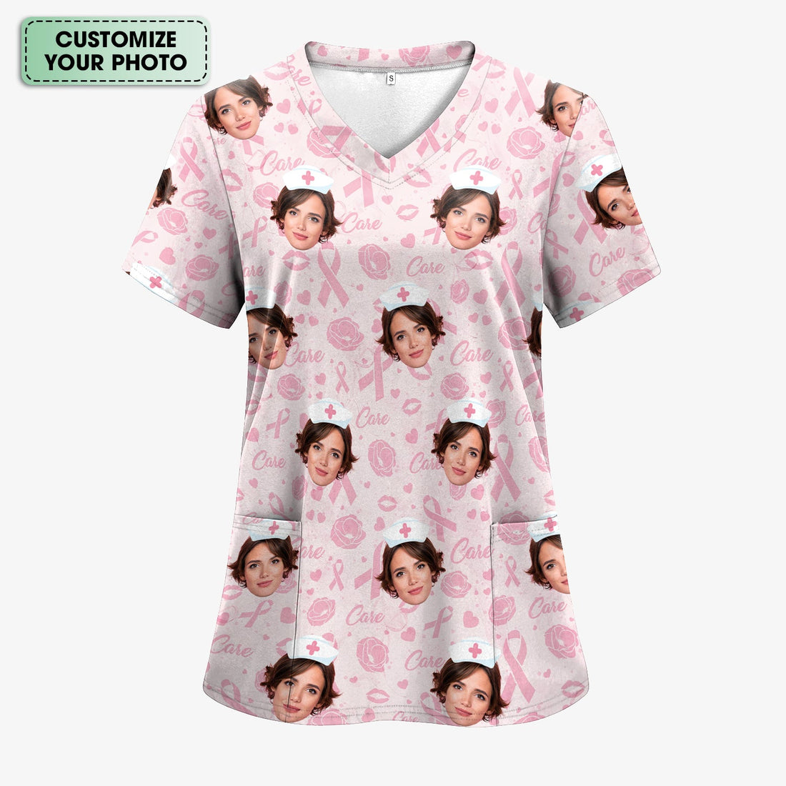 Personalized Face Pink Ribbon Nurse Scrub Top