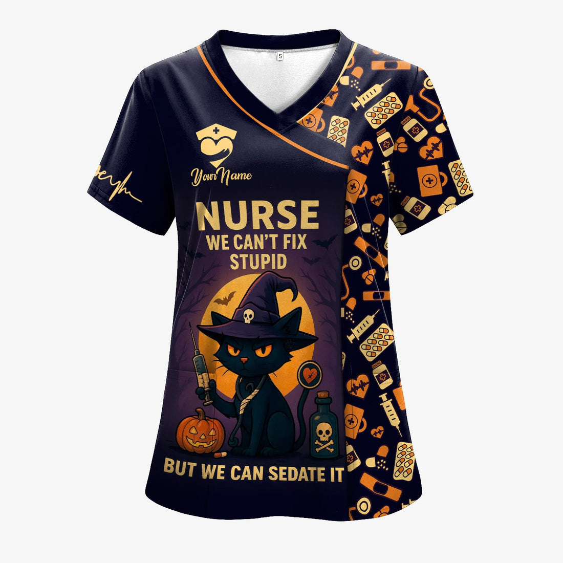 Personalized Halloween Stupid Black Cat Nurse Scrub Top