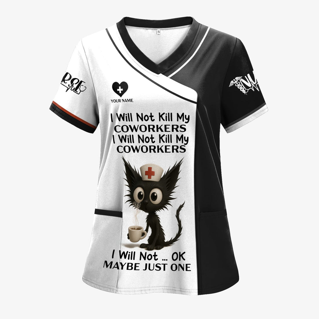 Personalized Coffee Black Cat Nurse Scrub Top