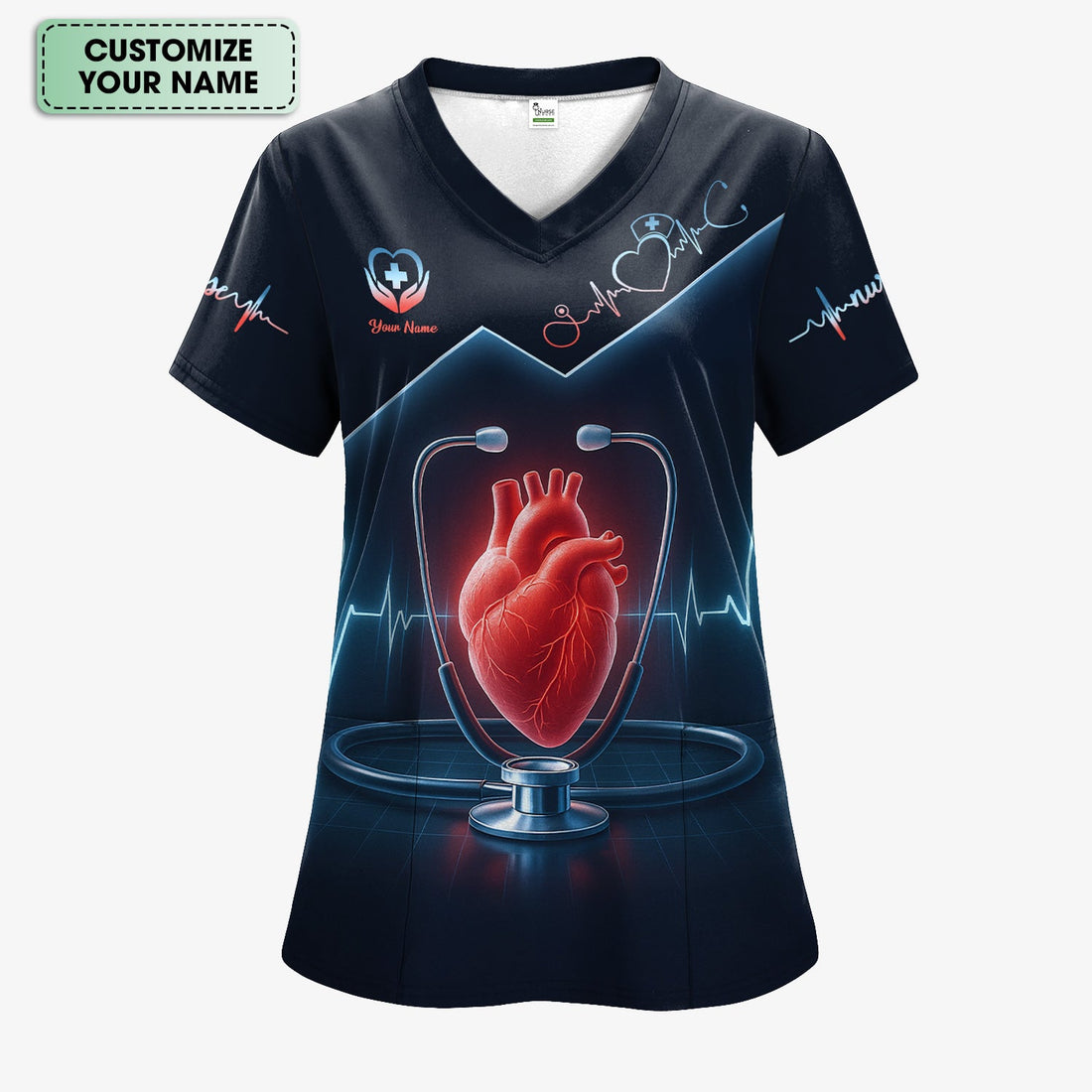 Personalized Heart Stethoscope EKG Nurse Scrub Top