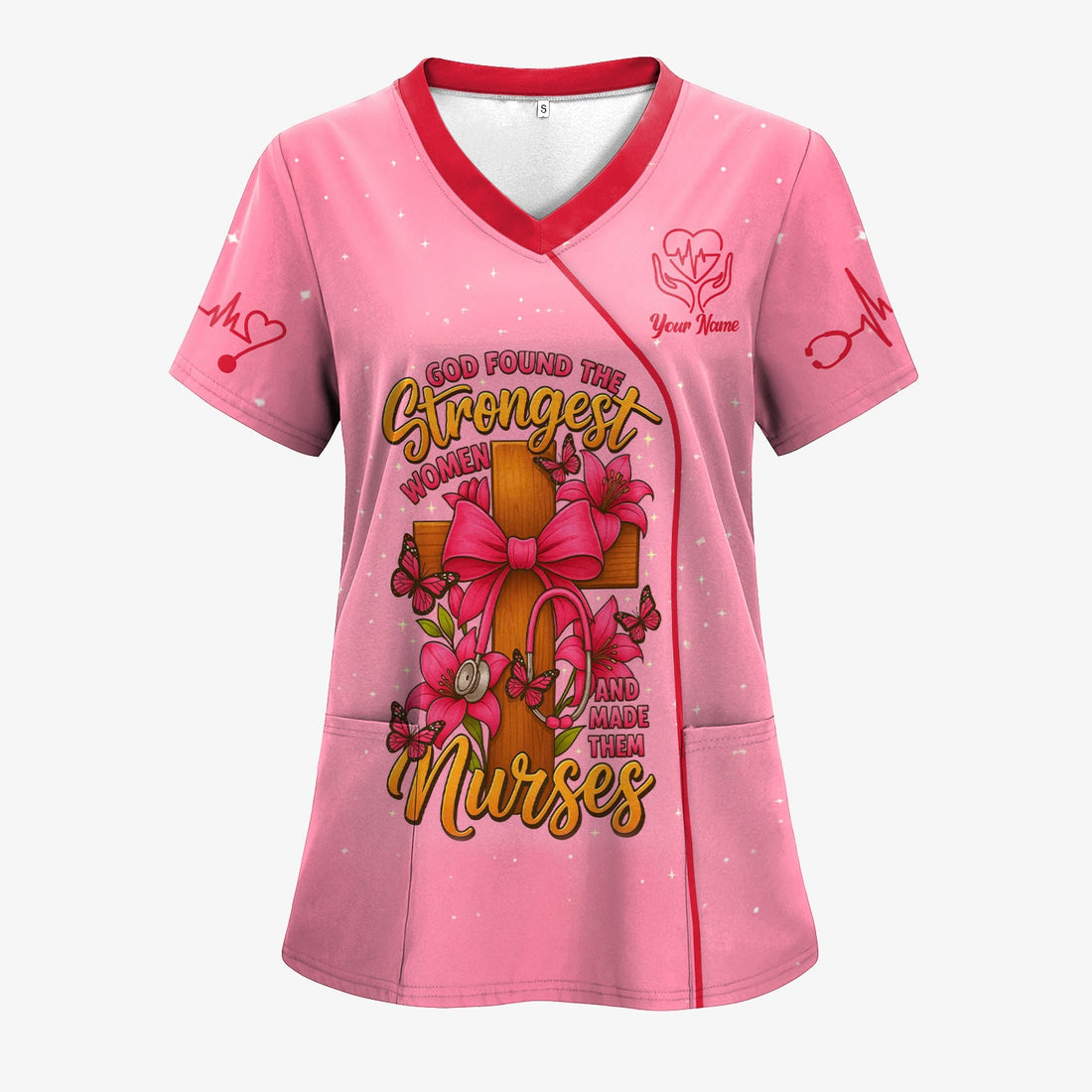 Personalized Wooden Cross Lily Butterfly Nurse Scrub Top