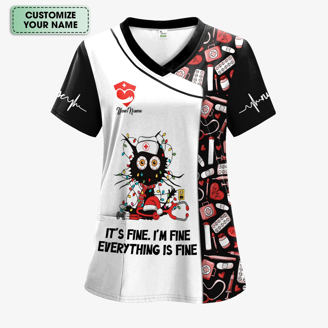 Personalized Everything Fine Black Cat Christmas Nurse Scrub Top