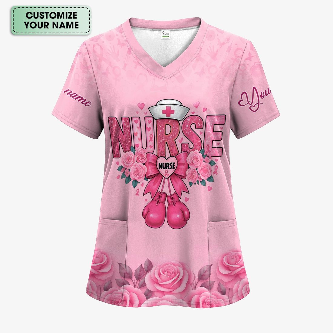 Personalized Pink Boxing Gloves Rose Nurse Scrub Top