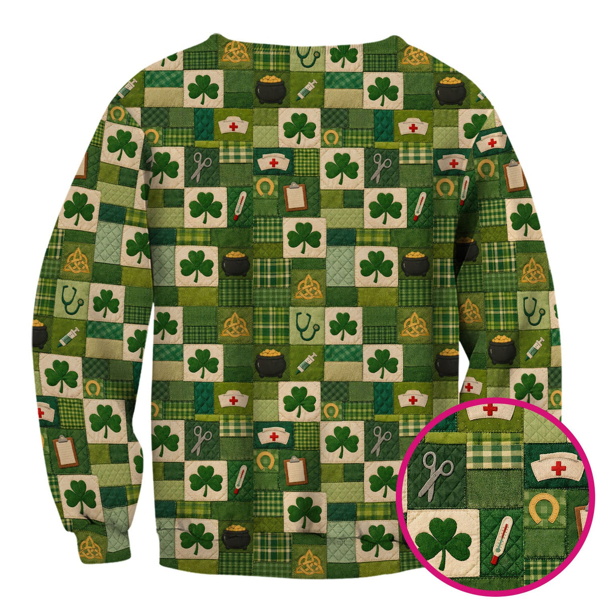 St Patrick Patchwork Shamrock Nurse Scrub Top