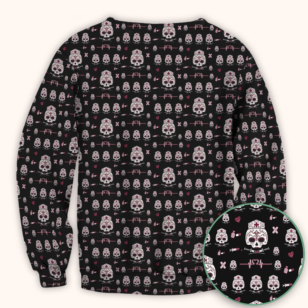 Sugar Skull Scrub Top, Skull Pattern Scrub Shirt, Breathable Fabrics Nursing Uniform