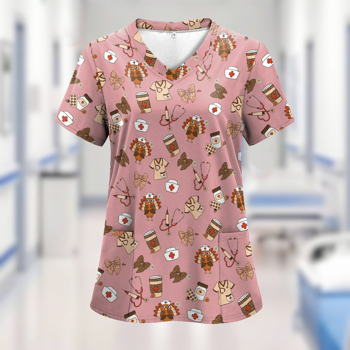 Cute Nurse Fall Season Scrub Top - Thanksgiving Turkey & Stethoscope Medical Design  - Gift for RN LPN CNA