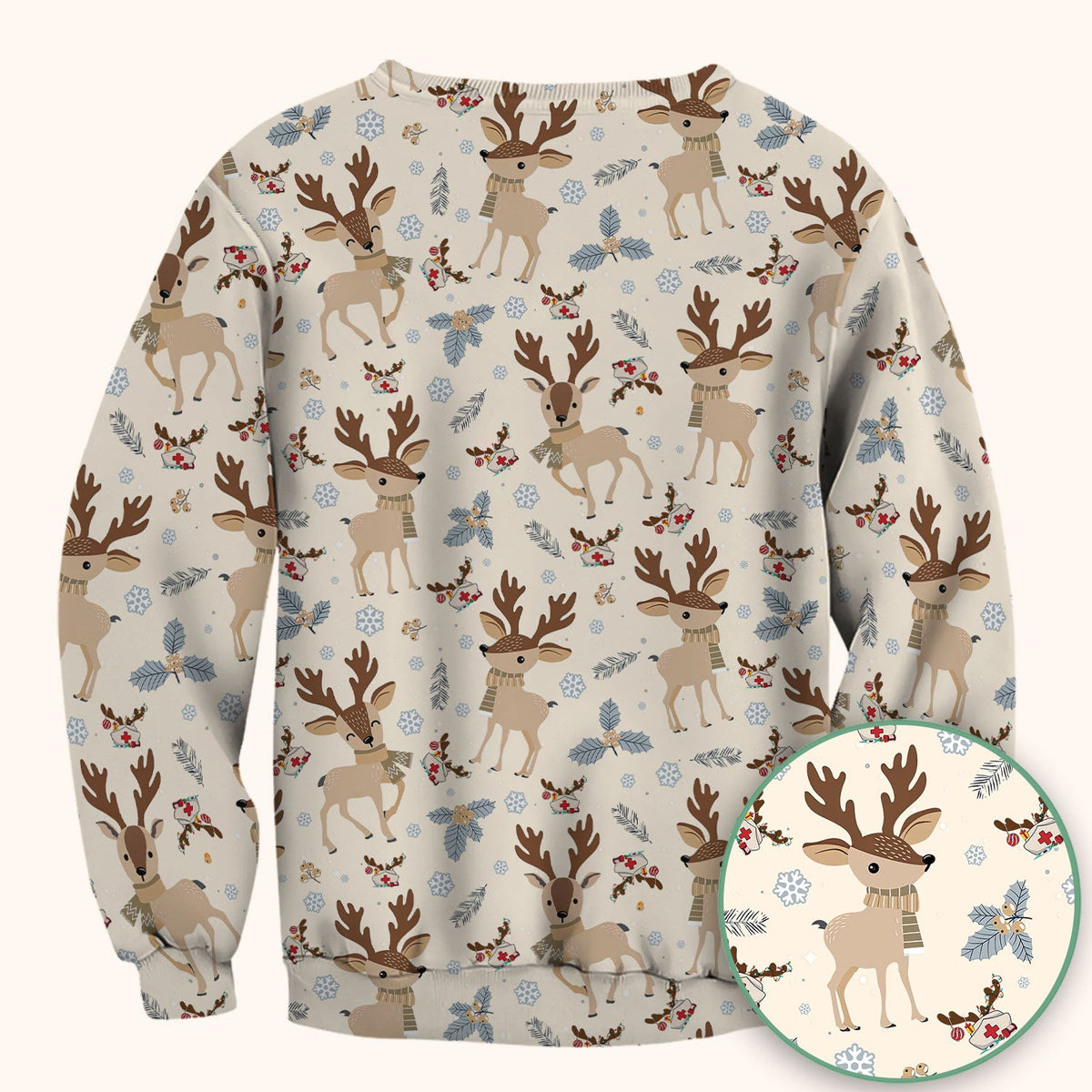 Reindeer Christmas Scrub Top - Cozy Beige Holiday Nurse Shirt with Cute Deer Pattern - Festive Medical Scrubs for Women RN CNA LPN