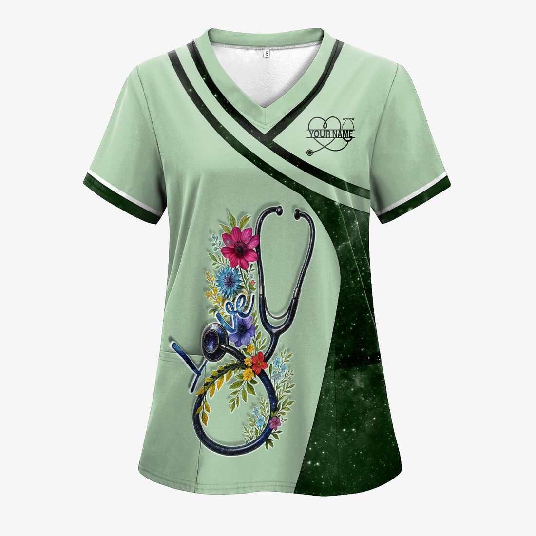 Personalized Christian Cross Floral Stethoscope Nurse Scrub Top