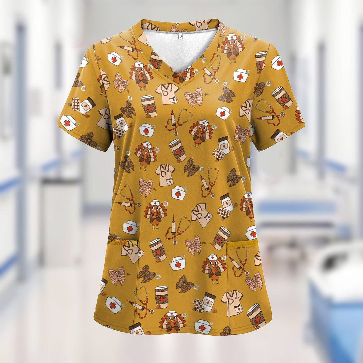 Cute Nurse Fall Season Scrub Top - Thanksgiving Turkey & Stethoscope Medical Design  - Gift for RN LPN CNA