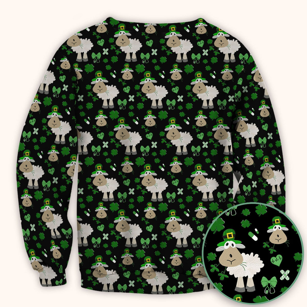 Nurse St. Patrick's Day Scrubs Top, Cute Sheep Shamrock Pattern Nurse Shirt, Breathable Fabrics Nursing Uniform