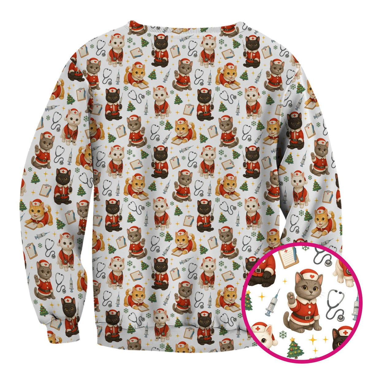 Funny Nurse Scrub Top for Women - Christmas Lucky Cat Design - Cute Holiday Nursing Shirt Gift for RN LPN CNA