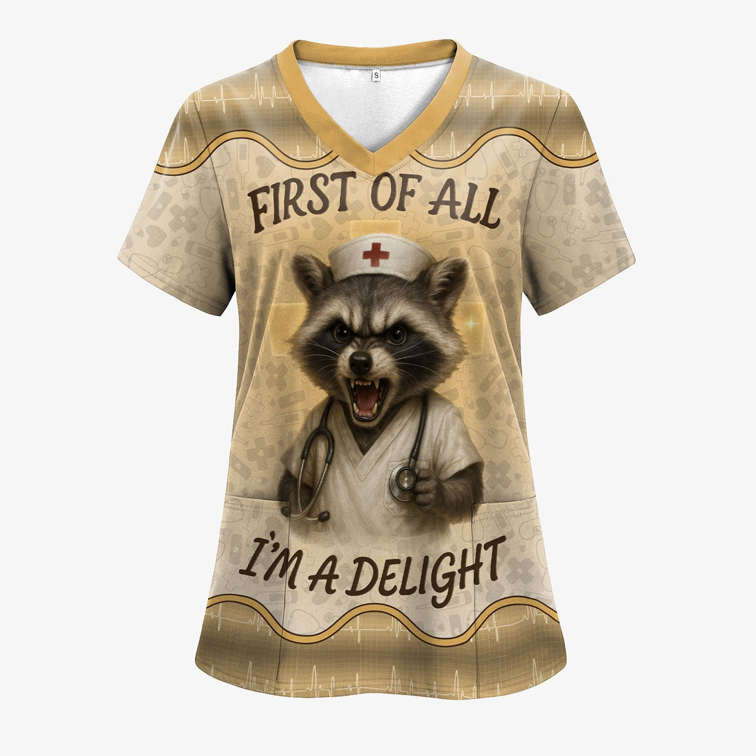 Funny Raccoon Nurse Scrub Top - First Of All I'm A Delight Quote - Personalized Gift for Women RN CNA LPN - Custom Name Medical Uniform for Healthcare Workers