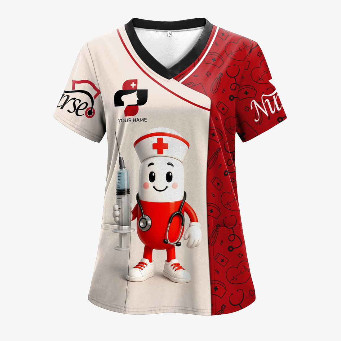 Personalized Pill Syringe Cartoon Nurse Scrub Top