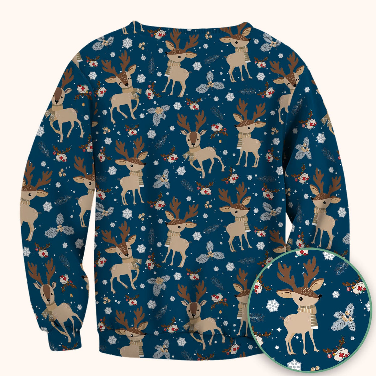 Reindeer Christmas Scrub Top - Cozy Beige Holiday Nurse Shirt with Cute Deer Pattern - Festive Medical Scrubs for Women RN CNA LPN