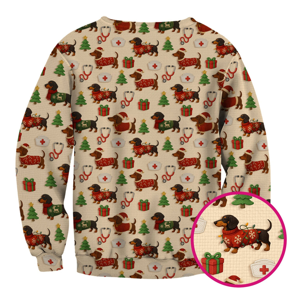 Christmas Nurse Scrubs for Women - Cute Dachshund Dog Print with Holiday Gifts & Trees - Custom Multi Color Nursing Shirt Gift
