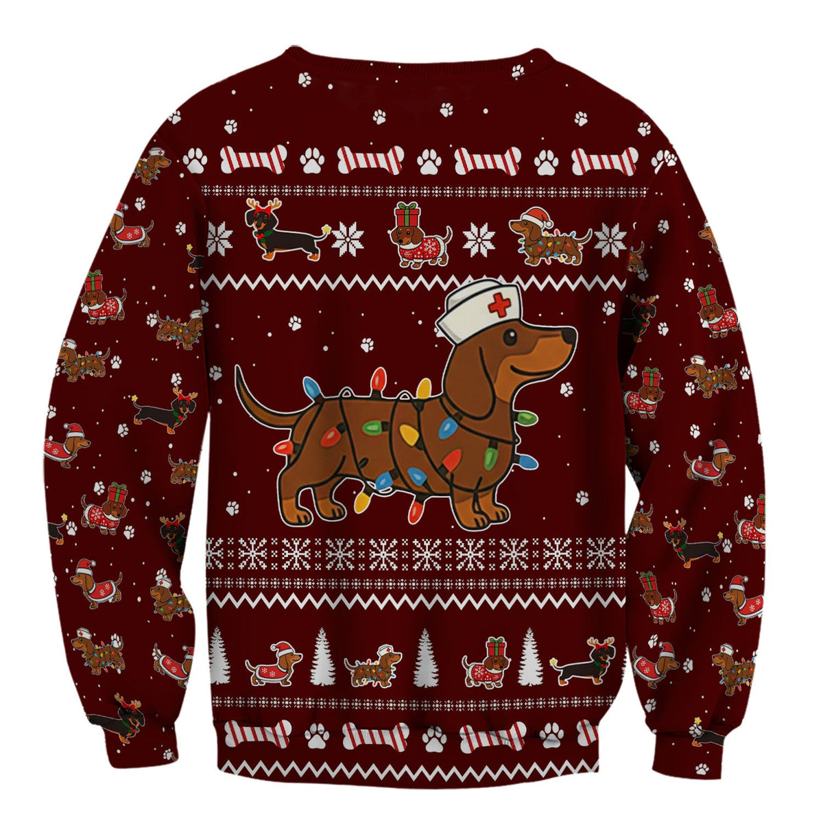 Christmas Dachshund Nurse Scrub Top for Women - Cute Sausage Dog Wearing Lights - Funny Holiday Medical Shirt Gift for RN CNA LPN
