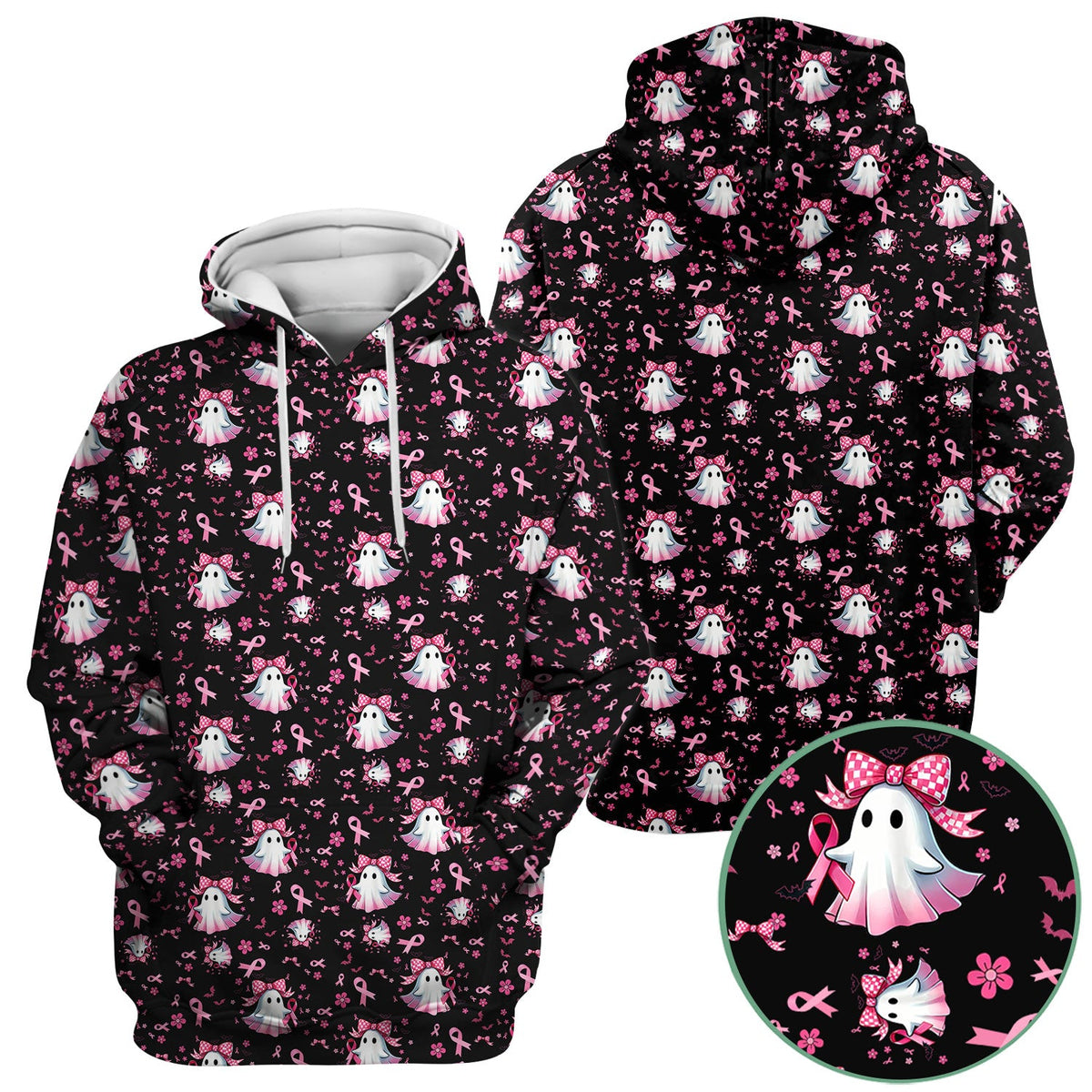 Spooky Ghost Pink Ribbon Nurse Scrub Top - Breast Cancer Gift