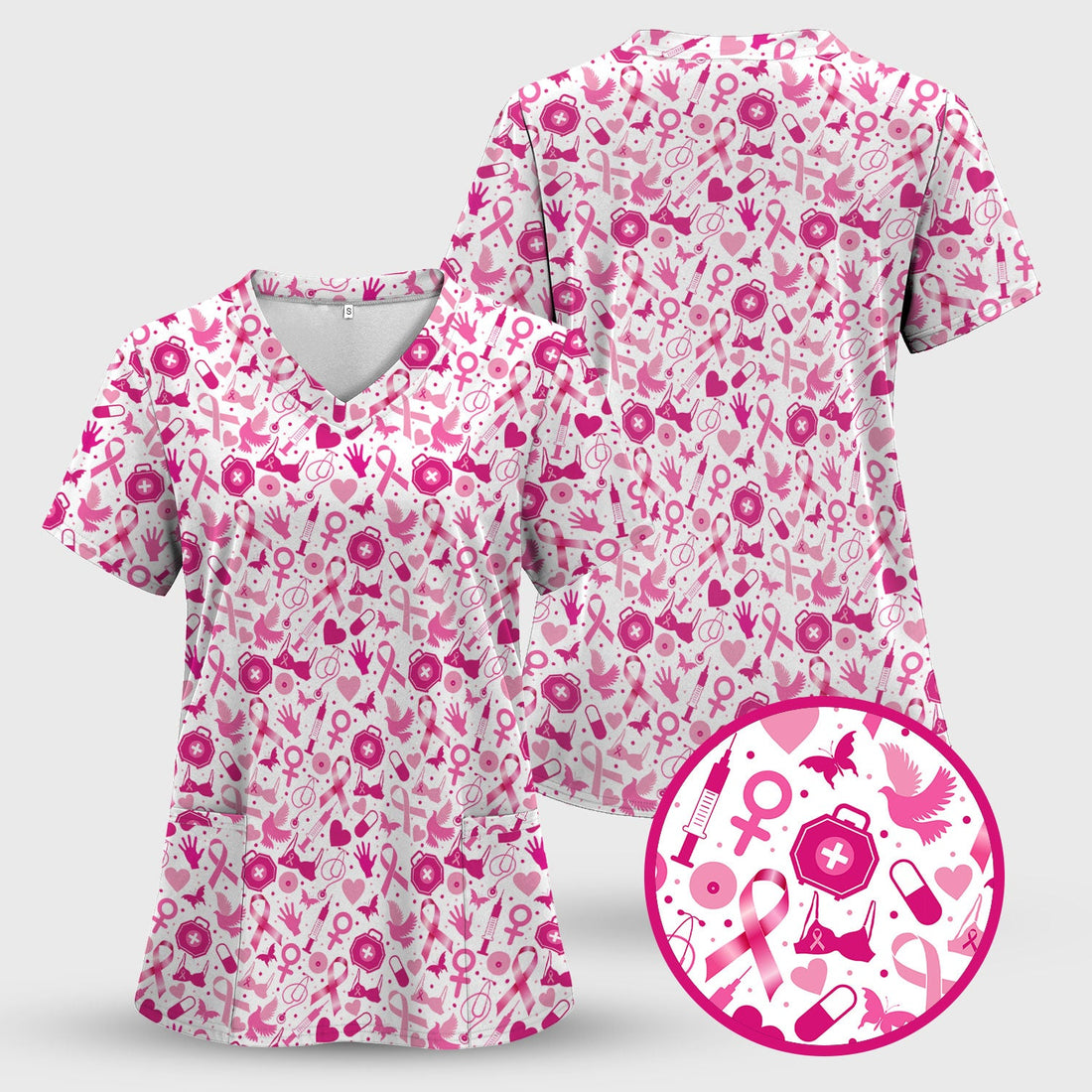 Personalized Breast Cancer Pink Ribbon Scrub Top - Medical Uniform with Pockets - Gift for RN LPN Healthcare Workers