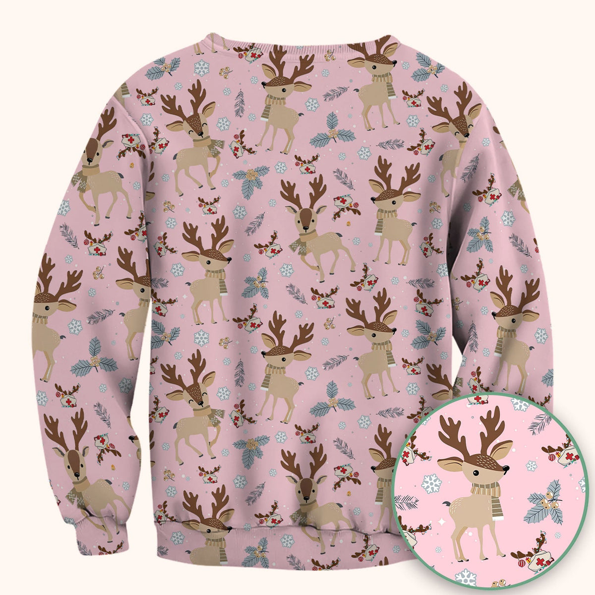 Reindeer Christmas Scrub Top - Cozy Beige Holiday Nurse Shirt with Cute Deer Pattern - Festive Medical Scrubs for Women RN CNA LPN