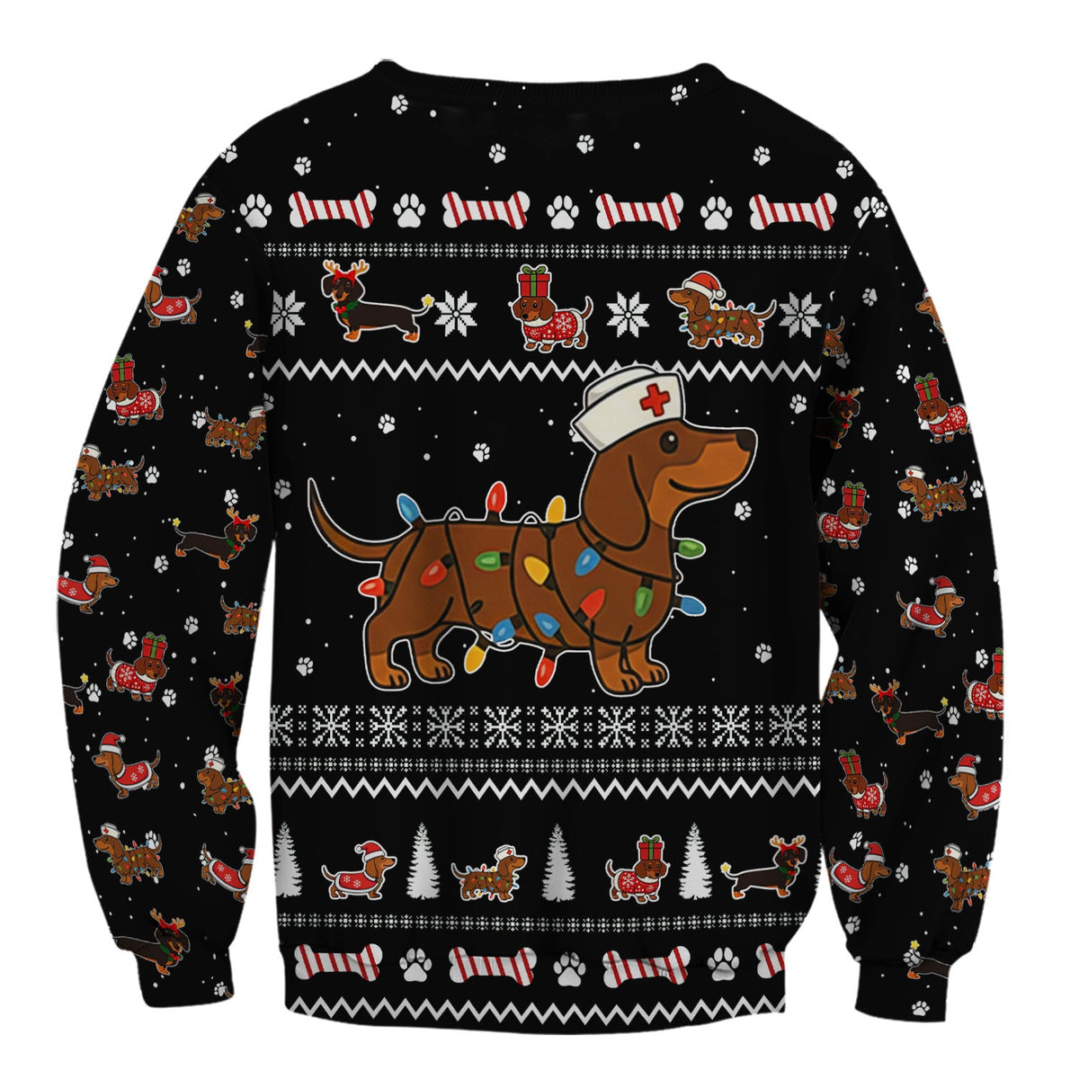 Christmas Dachshund Nurse Scrub Top for Women - Cute Sausage Dog Wearing Lights - Funny Holiday Medical Shirt Gift for RN CNA LPN
