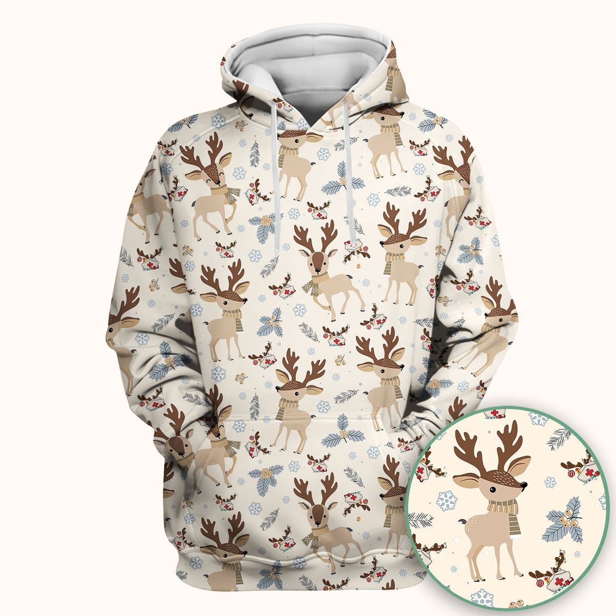 Reindeer Christmas Scrub Top - Cozy Beige Holiday Nurse Shirt with Cute Deer Pattern - Festive Medical Scrubs for Women RN CNA LPN