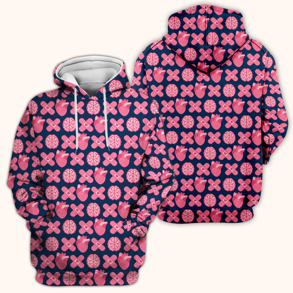 Heart & Brain Medical Icon Pattern Scrub Top, Breathable Fabrics Nursing Uniform