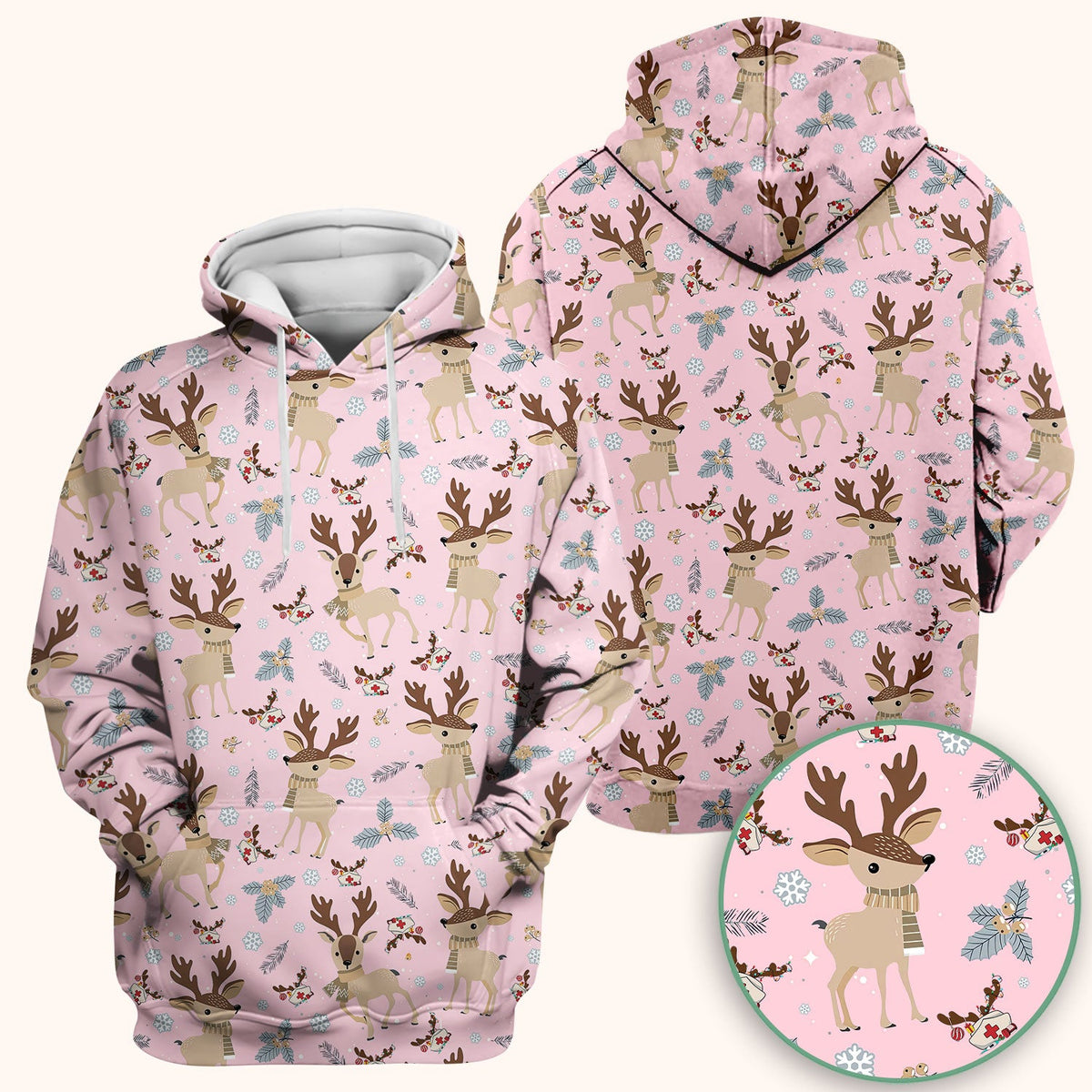Reindeer Christmas Scrub Top - Cozy Beige Holiday Nurse Shirt with Cute Deer Pattern - Festive Medical Scrubs for Women RN CNA LPN
