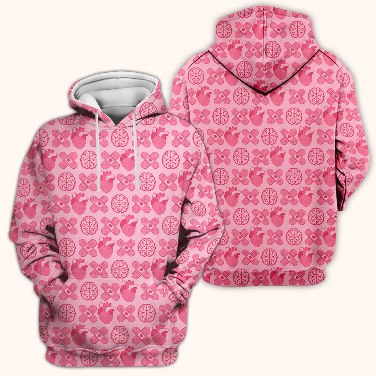 Heart & Brain Medical Icon Pattern Scrub Top, Breathable Fabrics Nursing Uniform