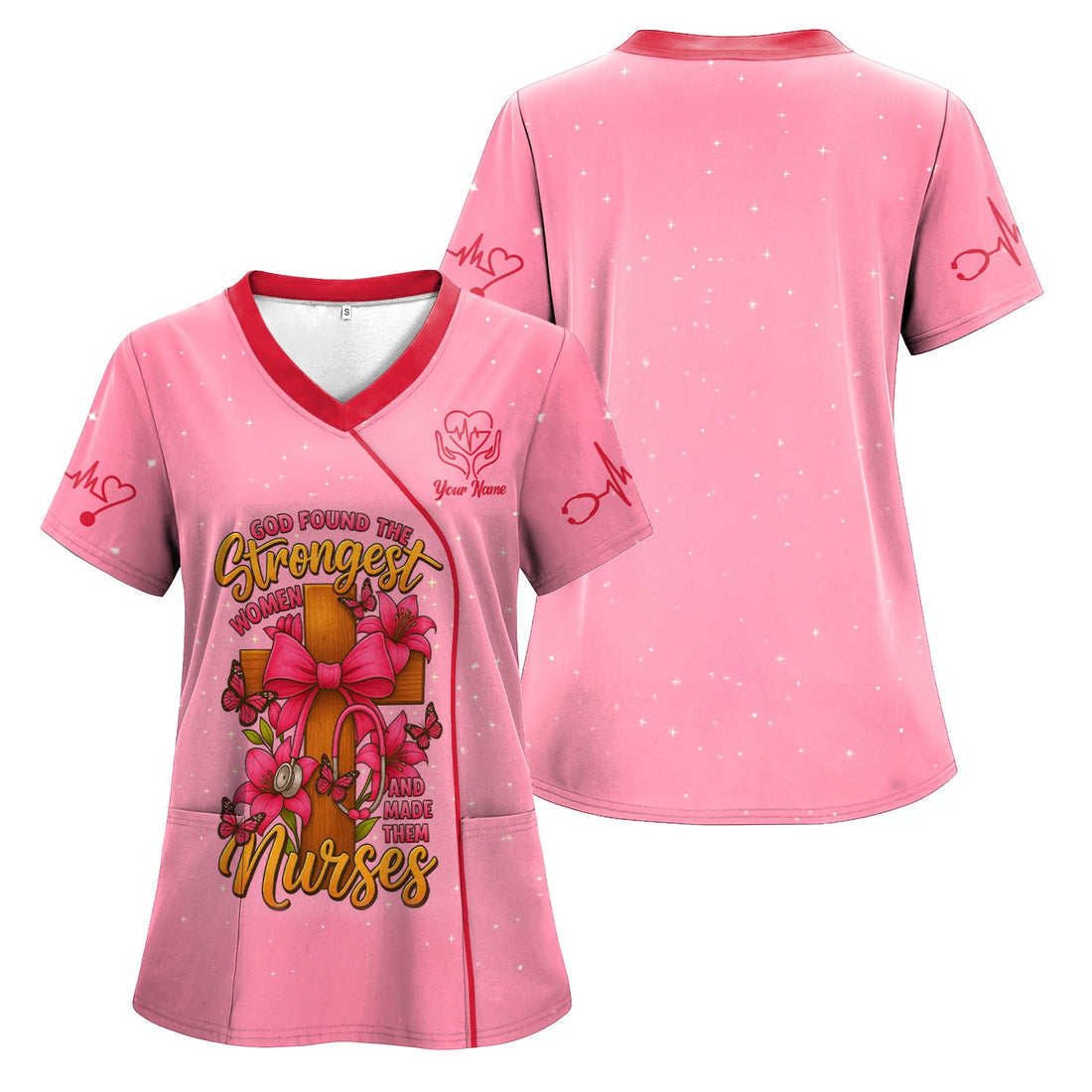 Personalized Wooden Cross Lily Butterfly Nurse Scrub Top