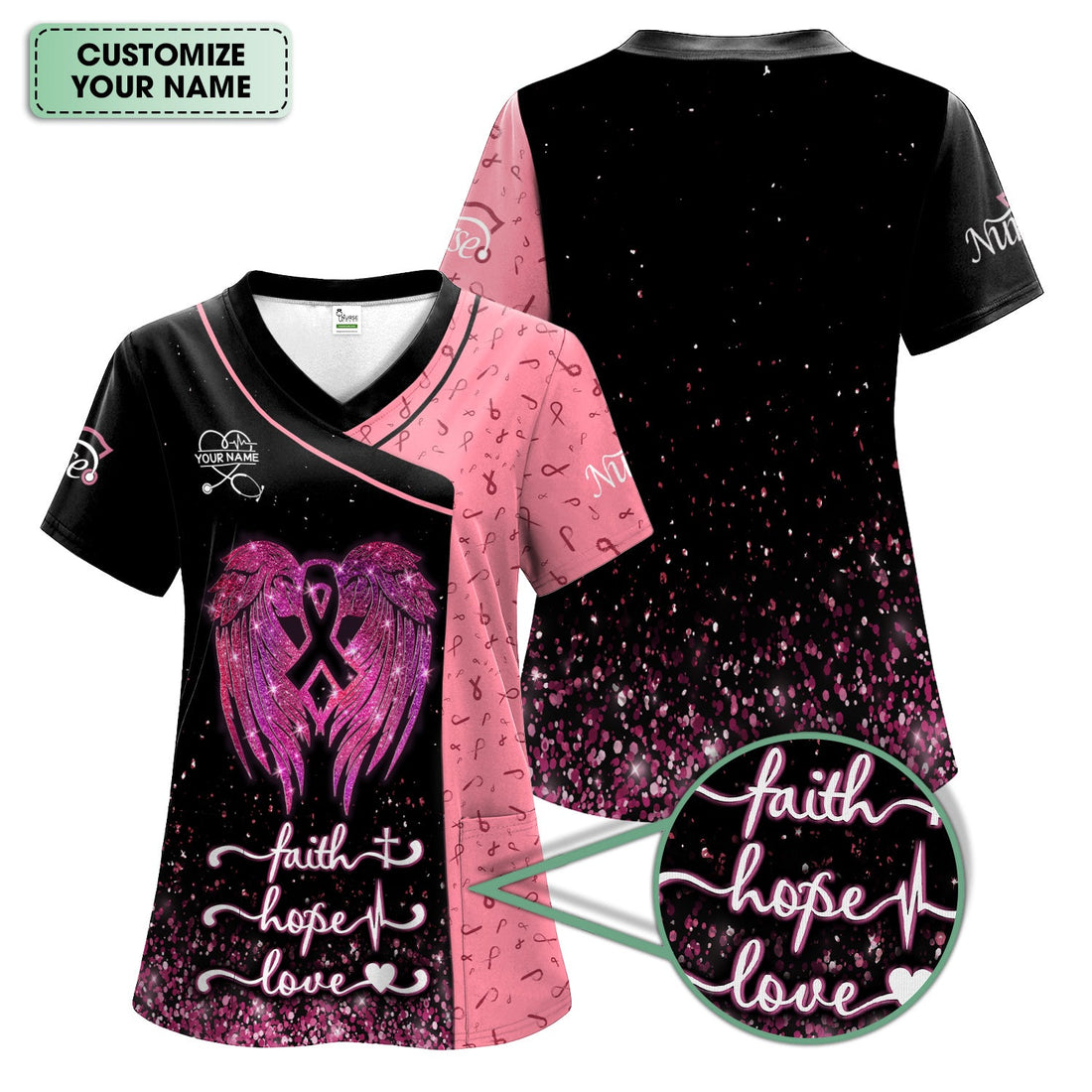 Personalized Breast Cancer Faith Hope Love Nurse Scrub Top