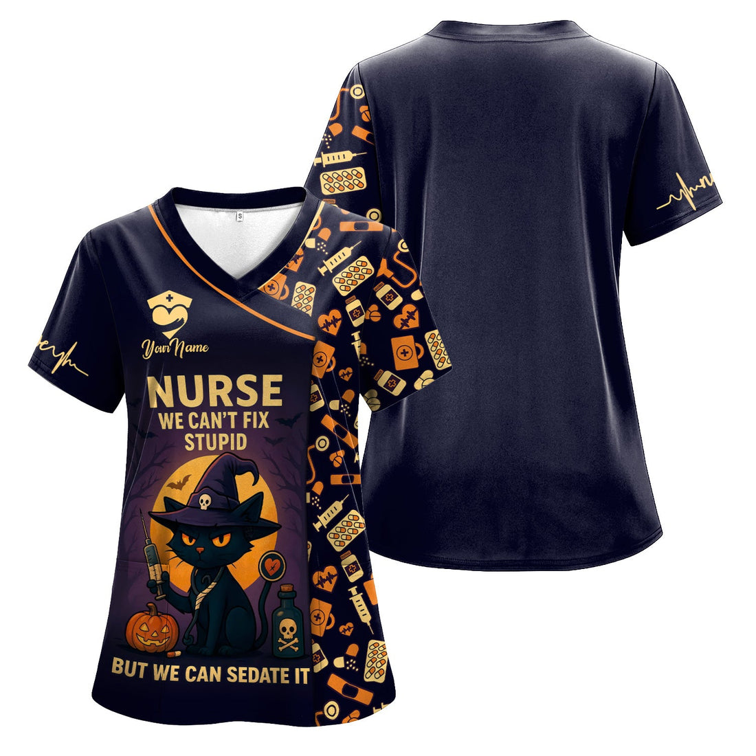 Personalized Halloween Stupid Black Cat Nurse Scrub Top