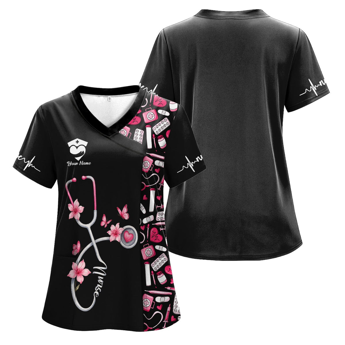 Custom Cute Floral Nurse Scrub Top for Women - Medical Uniform with Stethoscope Design - Comfortable Workwear for RN, CNA, LPN, Medical Staff