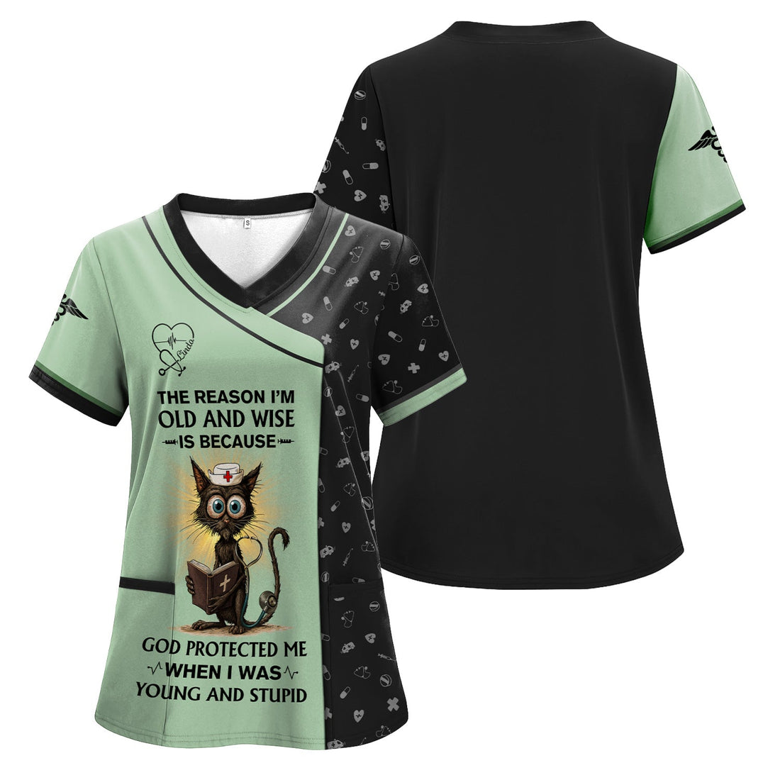 Personalized God Protected Me Cat Nurse Scrub Top