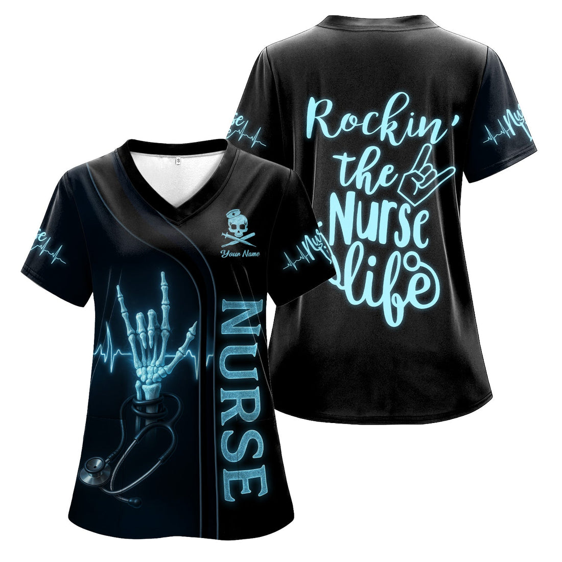 Personalized Skeleton Hand Rockin Nurse Life Scrub Top