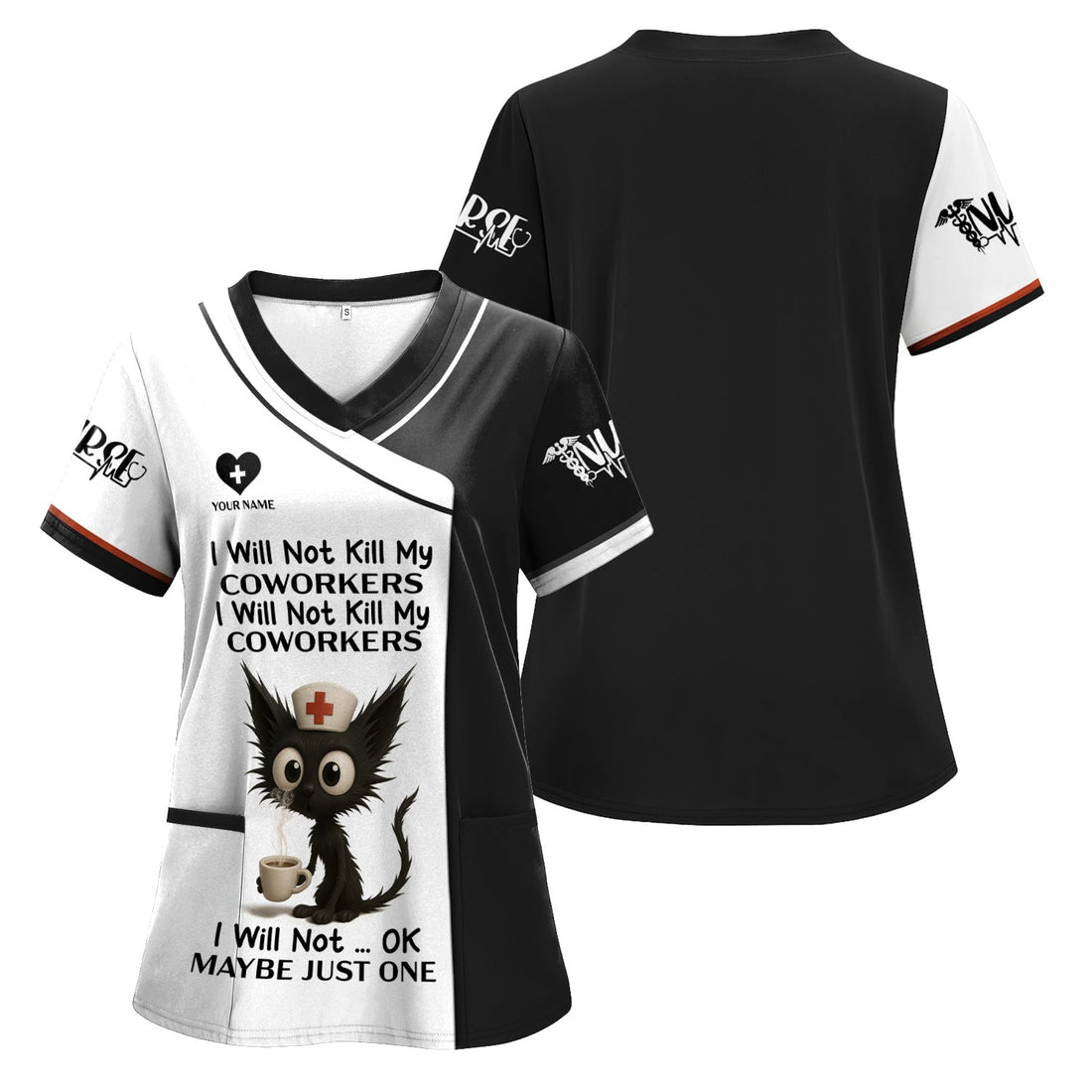 Personalized Coffee Black Cat Nurse Scrub Top
