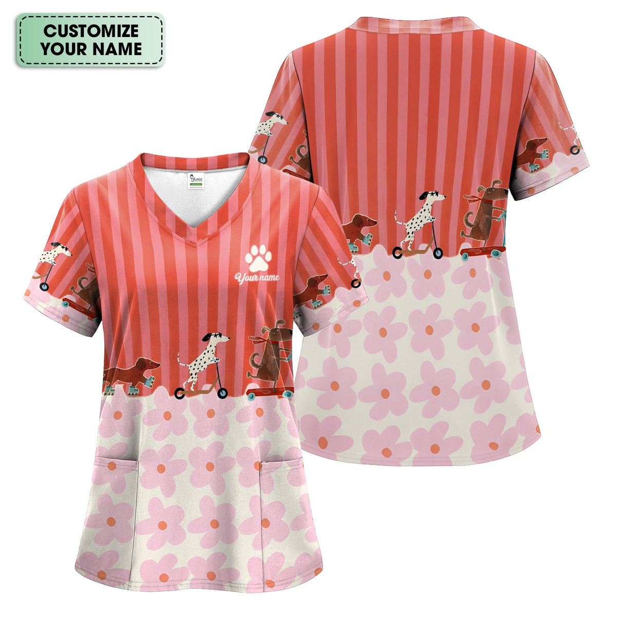 Personalized Dog Roller Skate Flower Nurse Scrub Top