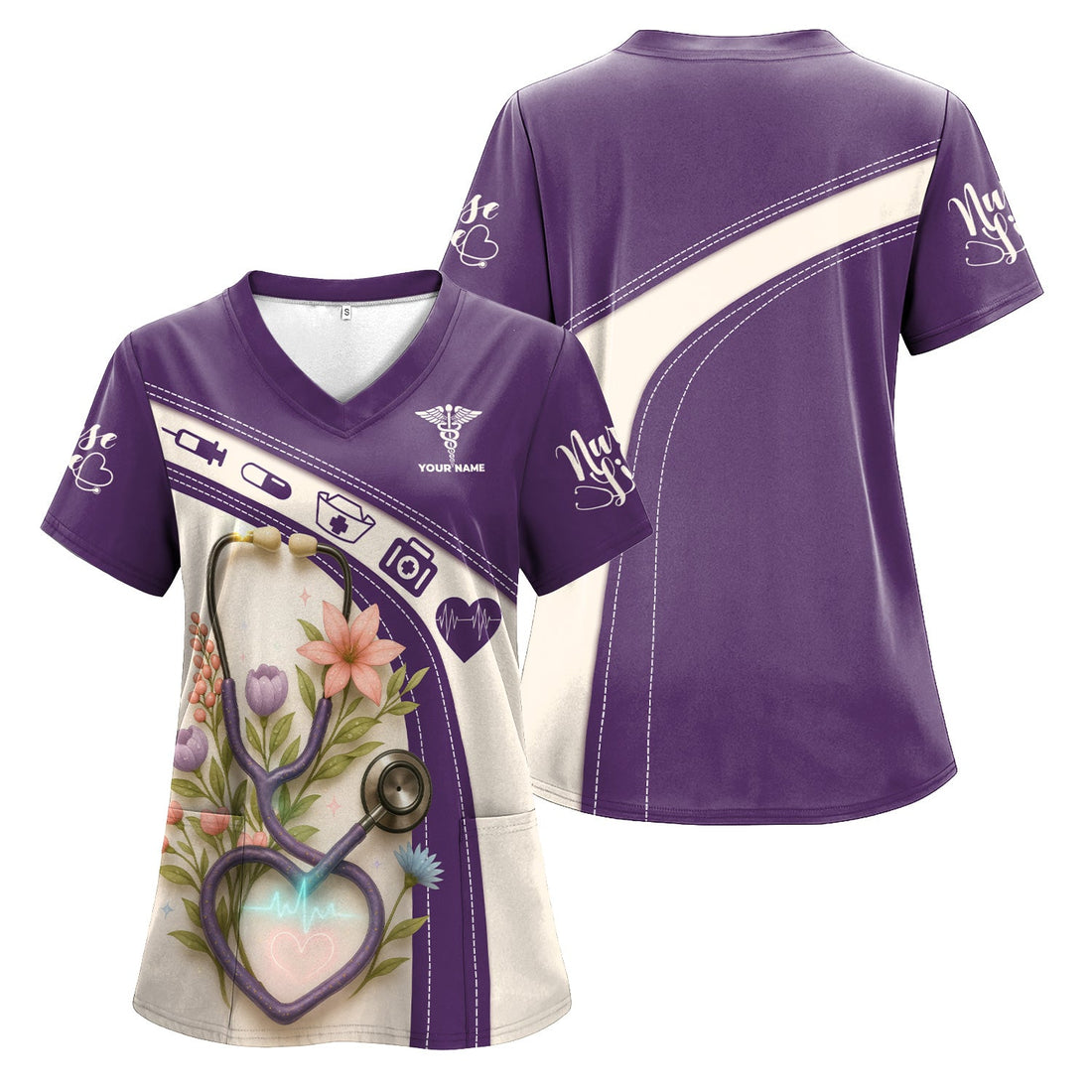 Personalized Floral Heartbeat Purple Nurse Scrub Top
